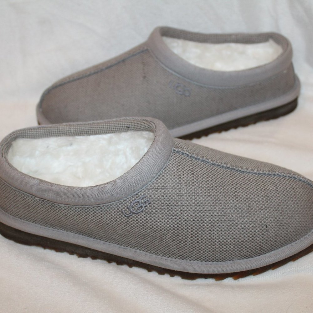 NIB UGG MEN'S CANVAS TASMAN‎ SLIP UP SHEARLING SLIPPERS LIGHT GRAY